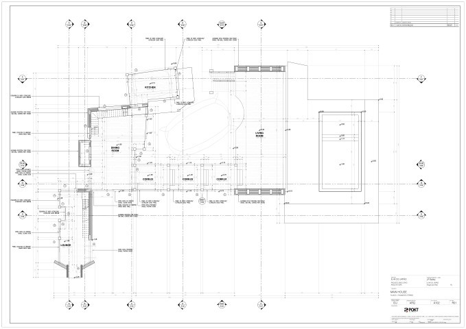 Planta baixa detalhada de projeto executivo de arquitetura, com marcações de medidas, paredes, portas, janelas, colunas estruturais e anotações técnicas, desenvolvida pelo escritório POKT Design+Arquitetura.