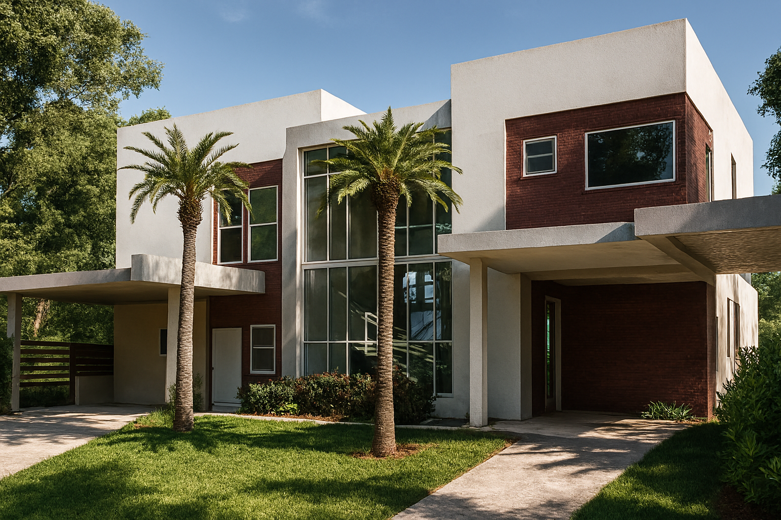 Casa contemporânea de dois andares com fachada em branco e vermelho escuro, grandes janelas de vidro e escada central visível. O projeto inclui dois carports laterais, jardim com palmeiras e gramado inclinado.