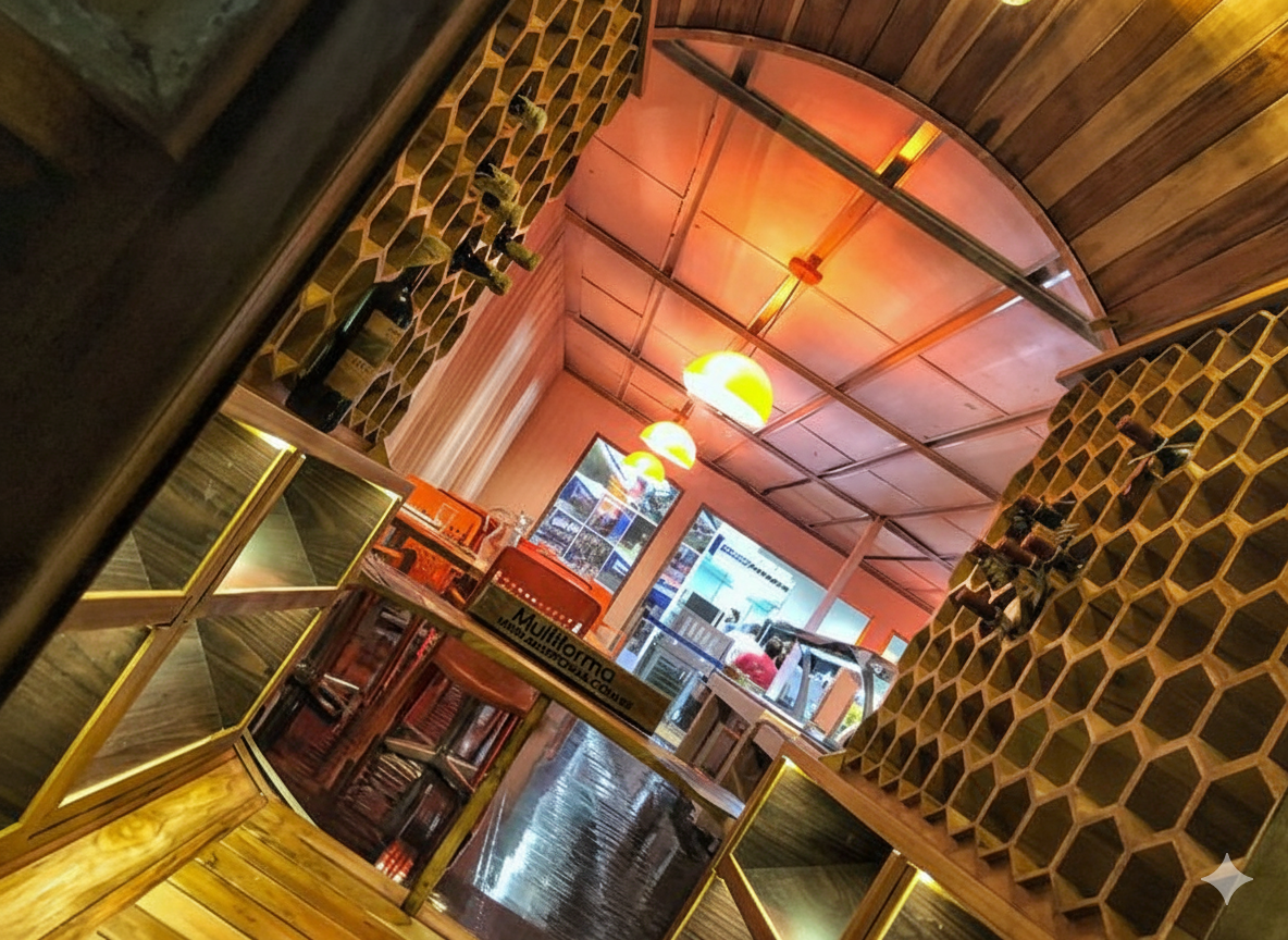 Adega artesanal construída a partir de um barril de vinho, projetada e executada por fornecedor parceiro para restaurante de hotel em container desenvolvido pela POKT Design+Arquitetura.