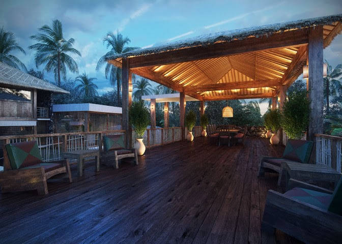 Perspectiva artística de sala de jantar a céu aberto projetada pela POKT Design+Arquitetura na Ilha do Japão, em Angra dos Reis, destacando integração com a natureza, sofisticação e design contemporâneo em ambiente exclusivo.