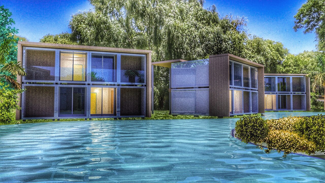 Quarto de hotel moderno em container projetado pela POKT Design+Arquitetura, destacando soluções de arquitetura sustentável, conforto e design inovador para hospedagem.