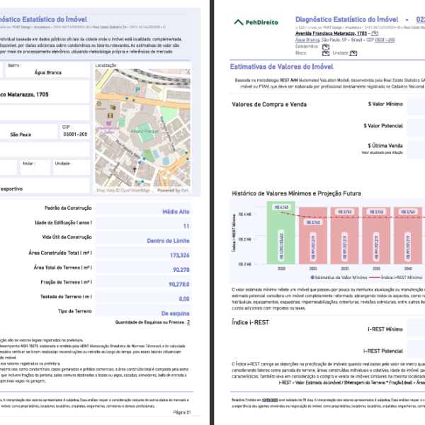 Documento de análise imobiliária desenvolvido pela POKT Design+Arquitetura, apresentando estimativas de valores de compra, venda, aluguel mensal e diário (Airbnb), custos de mão de obra e materiais, projetos de arquitetura e projeções de valorização do mercado.
